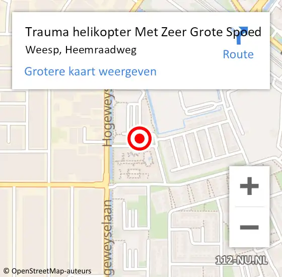 Locatie op kaart van de 112 melding: Trauma helikopter Met Zeer Grote Spoed Naar Weesp, Heemraadweg op 18 oktober 2024 09:41