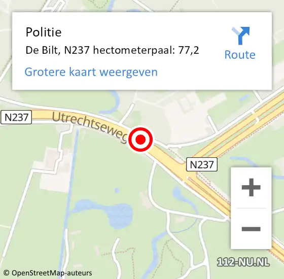 Locatie op kaart van de 112 melding: Politie De Bilt, N237 hectometerpaal: 77,2 op 18 oktober 2024 10:30