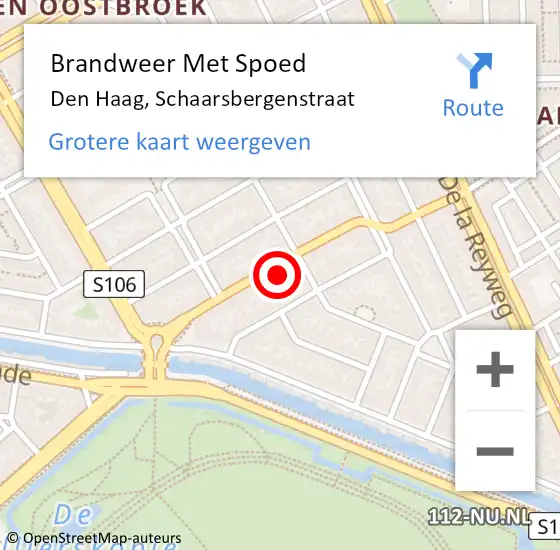 Locatie op kaart van de 112 melding: Brandweer Met Spoed Naar Den Haag, Schaarsbergenstraat op 18 oktober 2024 10:47