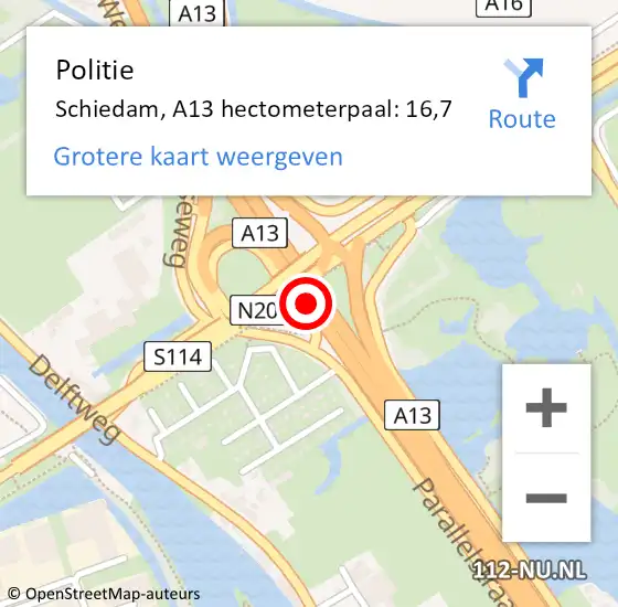 Locatie op kaart van de 112 melding: Politie Schiedam, A13 hectometerpaal: 16,7 op 18 oktober 2024 11:56