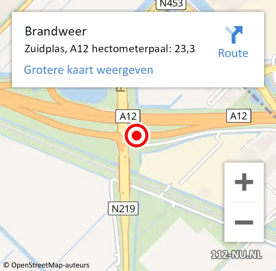 Locatie op kaart van de 112 melding: Brandweer Zuidplas, A12 hectometerpaal: 23,3 op 18 oktober 2024 12:33