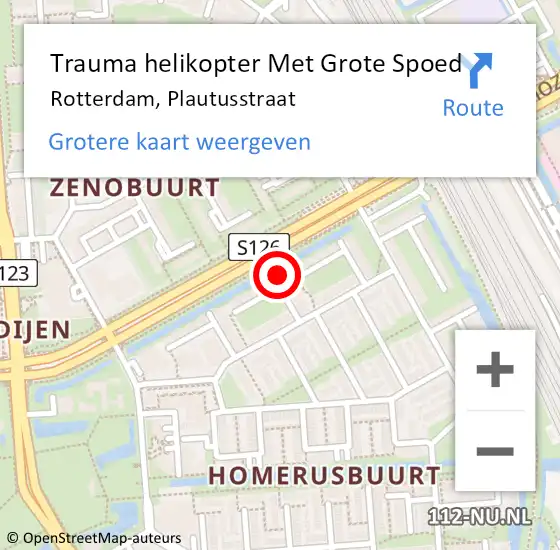 Locatie op kaart van de 112 melding: Trauma helikopter Met Grote Spoed Naar Rotterdam, Plautusstraat op 18 oktober 2024 13:10