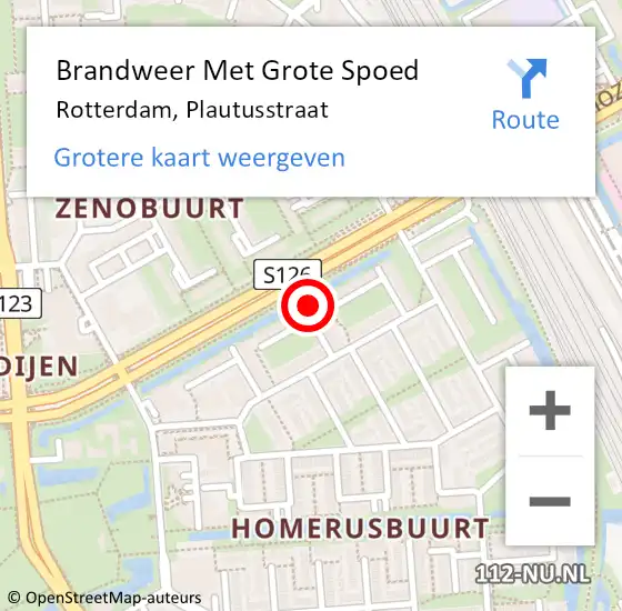 Locatie op kaart van de 112 melding: Brandweer Met Grote Spoed Naar Rotterdam, Plautusstraat op 18 oktober 2024 13:11