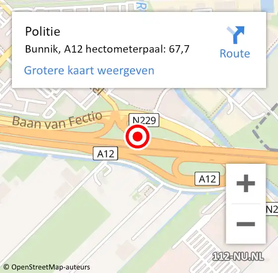 Locatie op kaart van de 112 melding: Politie Bunnik, A12 hectometerpaal: 67,7 op 18 oktober 2024 13:22