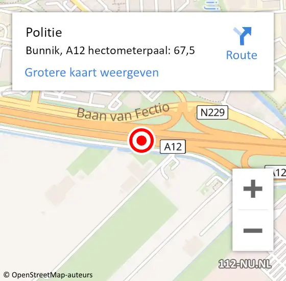 Locatie op kaart van de 112 melding: Politie Bunnik, A12 hectometerpaal: 67,5 op 18 oktober 2024 13:23