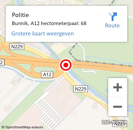 Locatie op kaart van de 112 melding: Politie Bunnik, A12 hectometerpaal: 68 op 18 oktober 2024 13:24