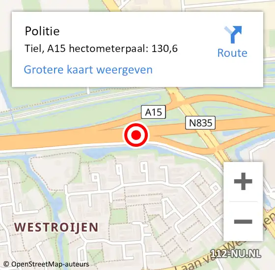 Locatie op kaart van de 112 melding: Politie Tiel, A15 hectometerpaal: 130,6 op 18 oktober 2024 13:48