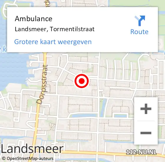 Locatie op kaart van de 112 melding: Ambulance Landsmeer, Tormentilstraat op 18 oktober 2024 15:23