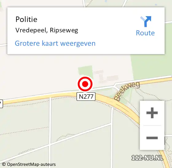 Locatie op kaart van de 112 melding: Politie Vredepeel, Ripseweg op 18 oktober 2024 15:39