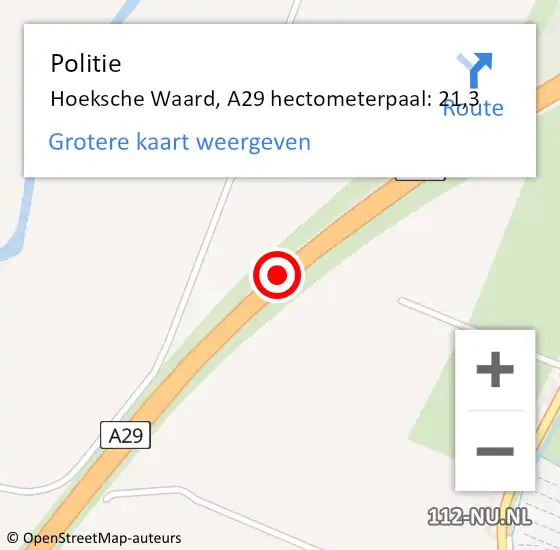 Locatie op kaart van de 112 melding: Politie Hoeksche Waard, A29 hectometerpaal: 21,3 op 18 oktober 2024 15:56