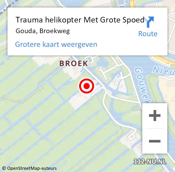 Locatie op kaart van de 112 melding: Trauma helikopter Met Grote Spoed Naar Gouda, Broekweg op 18 oktober 2024 16:10