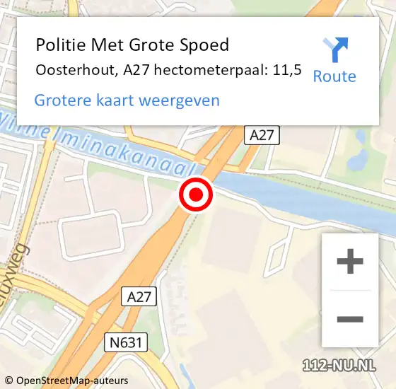 Locatie op kaart van de 112 melding: Politie Met Grote Spoed Naar Oosterhout, A27 hectometerpaal: 11,5 op 18 oktober 2024 17:12