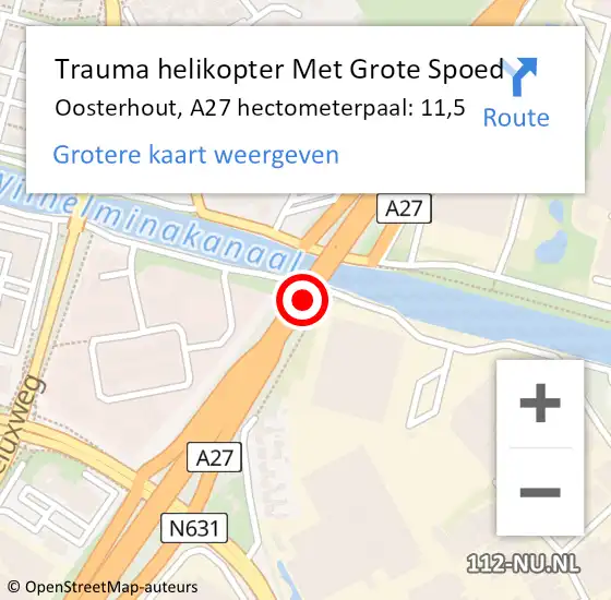 Locatie op kaart van de 112 melding: Trauma helikopter Met Grote Spoed Naar Oosterhout, A27 hectometerpaal: 11,5 op 18 oktober 2024 17:17