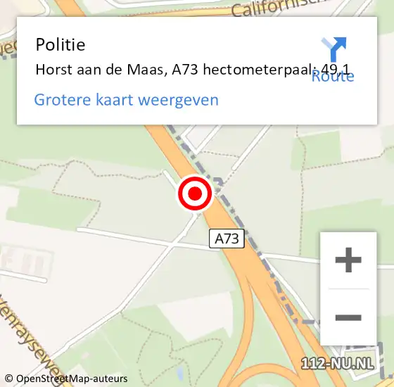 Locatie op kaart van de 112 melding: Politie Horst aan de Maas, A73 hectometerpaal: 49,1 op 18 oktober 2024 17:48