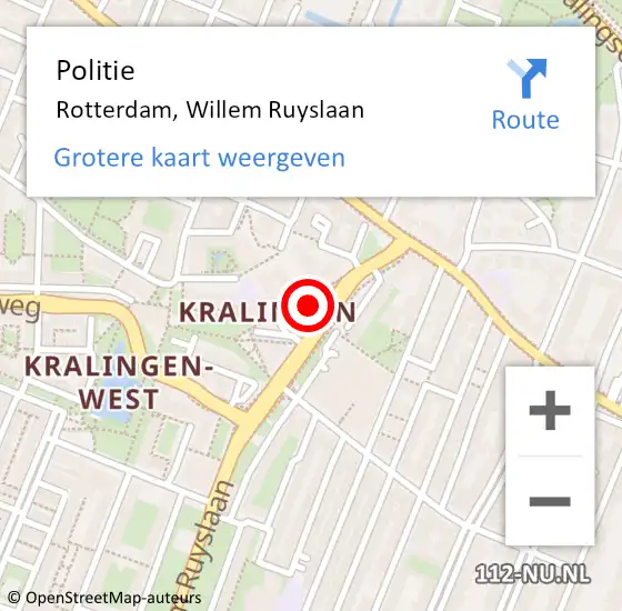 Locatie op kaart van de 112 melding: Politie Rotterdam, Willem Ruyslaan op 18 oktober 2024 18:09