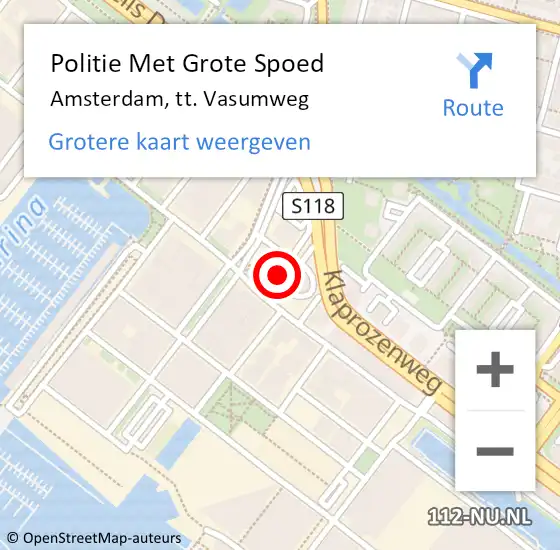 Locatie op kaart van de 112 melding: Politie Met Grote Spoed Naar Amsterdam, tt. Vasumweg op 18 oktober 2024 18:17