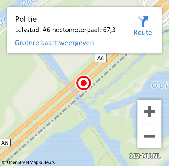 Locatie op kaart van de 112 melding: Politie Lelystad, A6 hectometerpaal: 67,3 op 18 oktober 2024 19:34