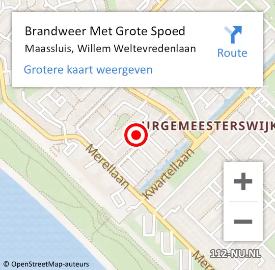 Locatie op kaart van de 112 melding: Brandweer Met Grote Spoed Naar Maassluis, Willem Weltevredenlaan op 18 oktober 2024 20:23