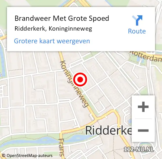 Locatie op kaart van de 112 melding: Brandweer Met Grote Spoed Naar Ridderkerk, Koninginneweg op 18 oktober 2024 22:03