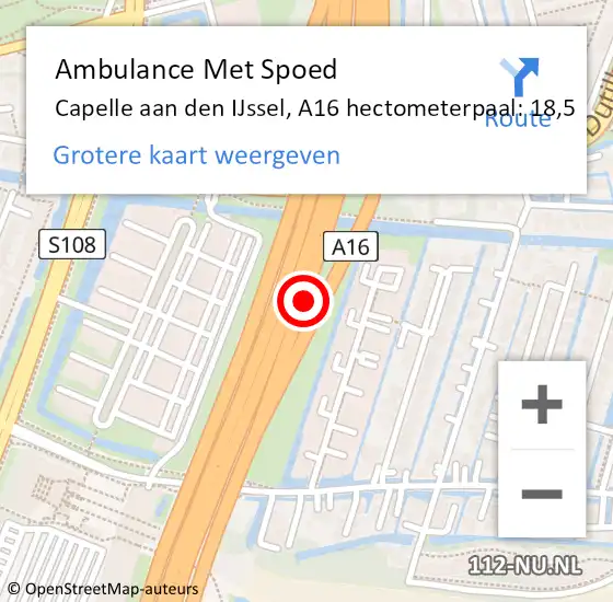 Locatie op kaart van de 112 melding: Ambulance Met Spoed Naar Capelle aan den IJssel, A16 hectometerpaal: 18,5 op 18 oktober 2024 22:41