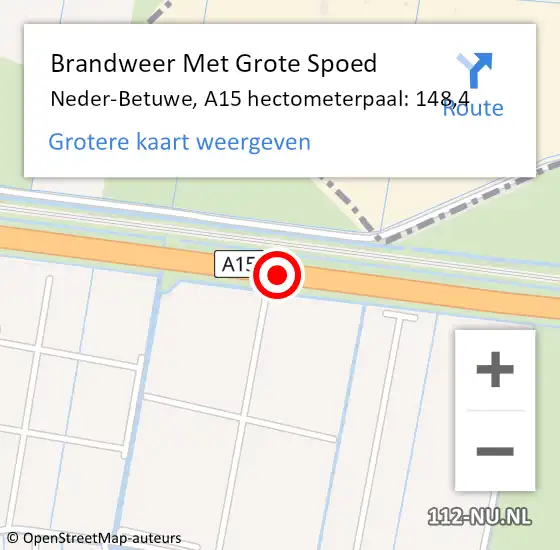 Locatie op kaart van de 112 melding: Brandweer Met Grote Spoed Naar Neder-Betuwe, A15 hectometerpaal: 148,4 op 18 oktober 2024 22:58