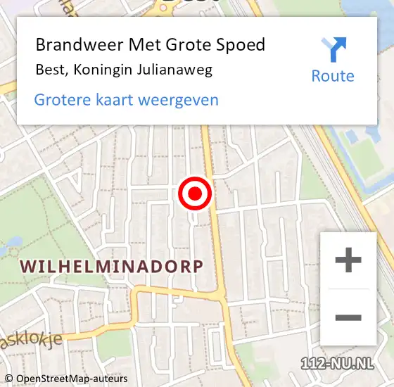 Locatie op kaart van de 112 melding: Brandweer Met Grote Spoed Naar Best, Koningin Julianaweg op 18 oktober 2024 23:00