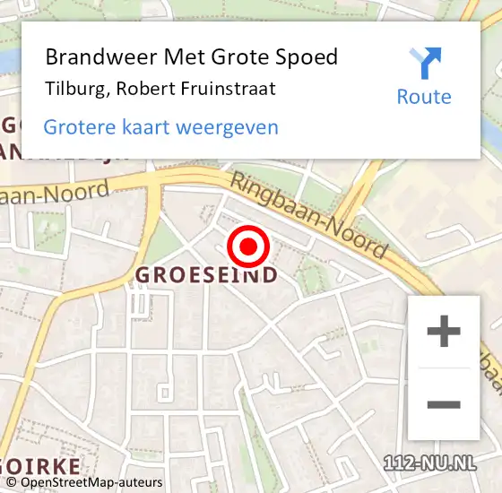 Locatie op kaart van de 112 melding: Brandweer Met Grote Spoed Naar Tilburg, Robert Fruinstraat op 19 oktober 2024 01:00