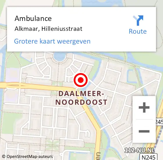 Locatie op kaart van de 112 melding: Ambulance Alkmaar, Hilleniusstraat op 19 oktober 2024 03:24