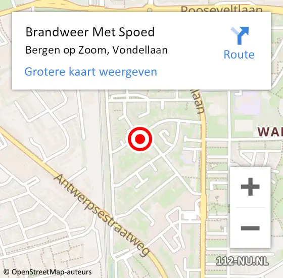 Locatie op kaart van de 112 melding: Brandweer Met Spoed Naar Bergen op Zoom, Vondellaan op 19 oktober 2024 03:48