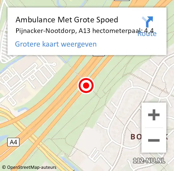 Locatie op kaart van de 112 melding: Ambulance Met Grote Spoed Naar Pijnacker-Nootdorp, A13 hectometerpaal: 4,4 op 19 oktober 2024 04:45