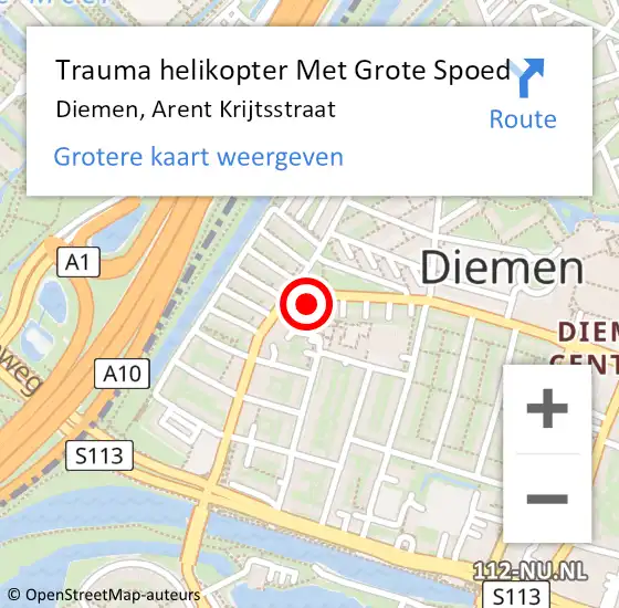 Locatie op kaart van de 112 melding: Trauma helikopter Met Grote Spoed Naar Diemen, Arent Krijtsstraat op 19 oktober 2024 05:16