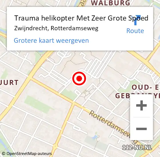 Locatie op kaart van de 112 melding: Trauma helikopter Met Zeer Grote Spoed Naar Zwijndrecht, Rotterdamseweg op 19 oktober 2024 06:04