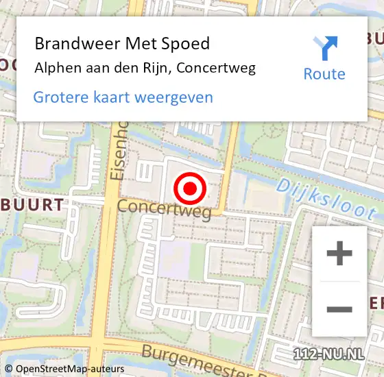 Locatie op kaart van de 112 melding: Brandweer Met Spoed Naar Alphen aan den Rijn, Concertweg op 19 oktober 2024 06:30