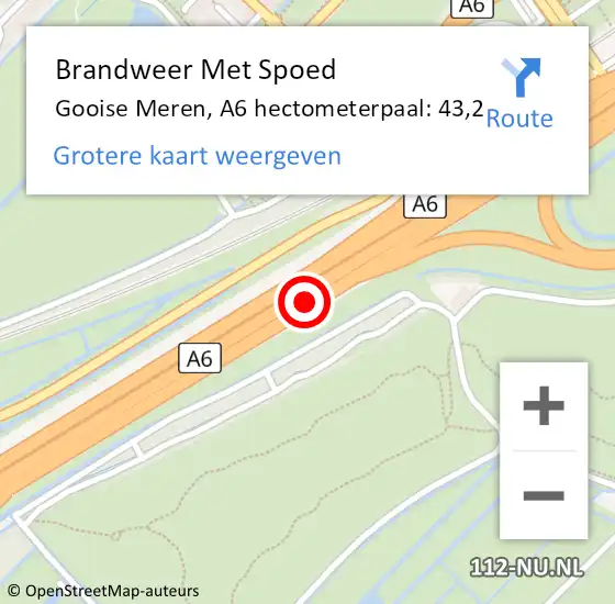 Locatie op kaart van de 112 melding: Brandweer Met Spoed Naar Gooise Meren, A6 hectometerpaal: 43,2 op 19 oktober 2024 06:38