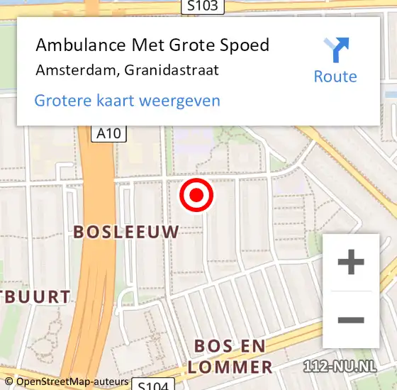 Locatie op kaart van de 112 melding: Ambulance Met Grote Spoed Naar Amsterdam, Granidastraat op 19 oktober 2024 09:57