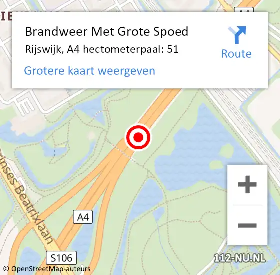 Locatie op kaart van de 112 melding: Brandweer Met Grote Spoed Naar Rijswijk, A4 hectometerpaal: 51 op 19 oktober 2024 11:26