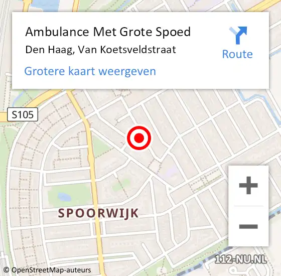 Locatie op kaart van de 112 melding: Ambulance Met Grote Spoed Naar Den Haag, Van Koetsveldstraat op 19 oktober 2024 13:33