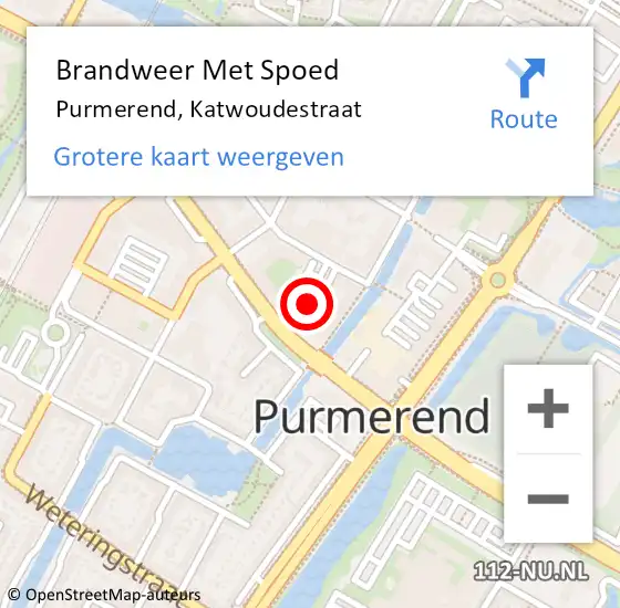 Locatie op kaart van de 112 melding: Brandweer Met Spoed Naar Purmerend, Katwoudestraat op 19 oktober 2024 15:09