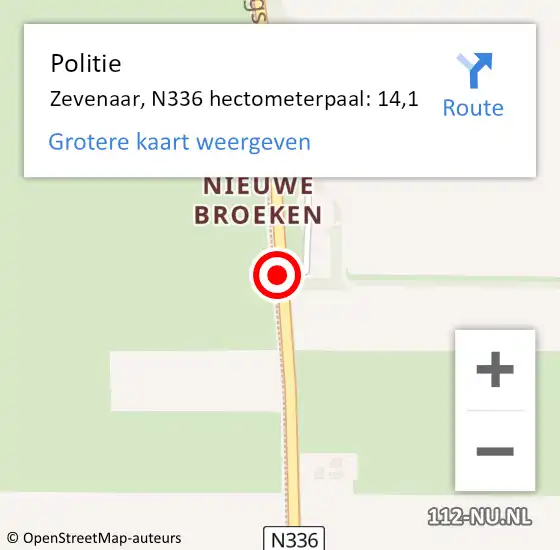 Locatie op kaart van de 112 melding: Politie Zevenaar, N336 hectometerpaal: 14,1 op 19 oktober 2024 15:28