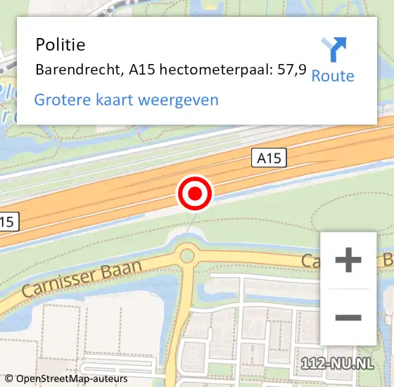 Locatie op kaart van de 112 melding: Politie Barendrecht, A15 hectometerpaal: 57,9 op 19 oktober 2024 15:44