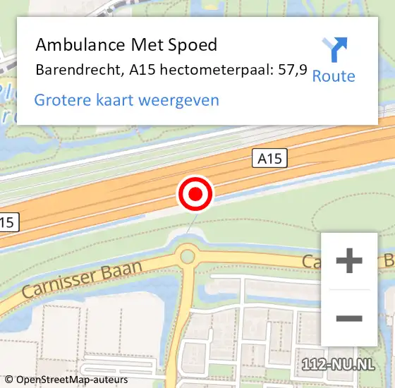 Locatie op kaart van de 112 melding: Ambulance Met Spoed Naar Barendrecht, A15 hectometerpaal: 57,9 op 19 oktober 2024 15:47