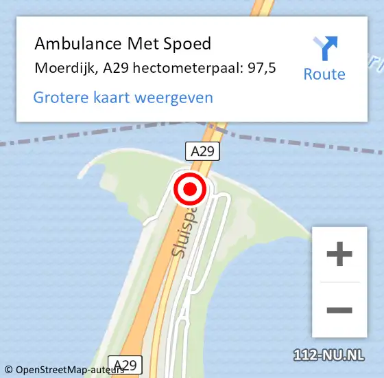 Locatie op kaart van de 112 melding: Ambulance Met Spoed Naar Moerdijk, A29 hectometerpaal: 97,5 op 19 oktober 2024 16:20