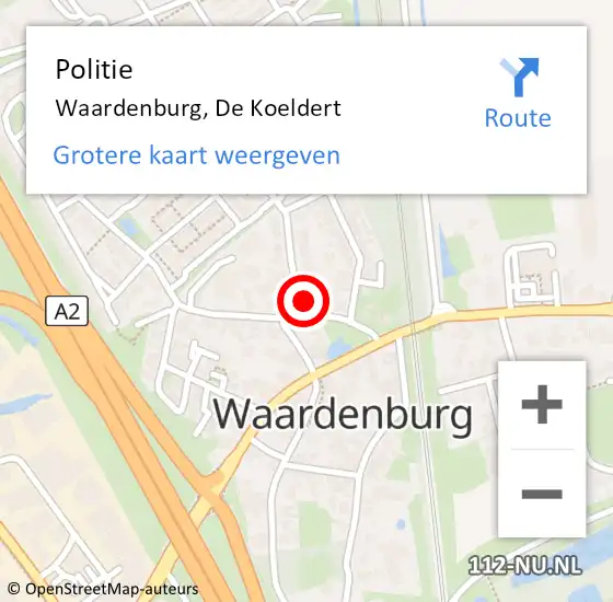 Locatie op kaart van de 112 melding: Politie Waardenburg, De Koeldert op 19 oktober 2024 17:04