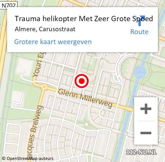 Locatie op kaart van de 112 melding: Trauma helikopter Met Zeer Grote Spoed Naar Almere, Carusostraat op 19 oktober 2024 17:29