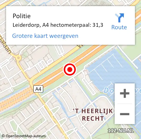 Locatie op kaart van de 112 melding: Politie Leiderdorp, A4 hectometerpaal: 31,3 op 19 oktober 2024 17:38