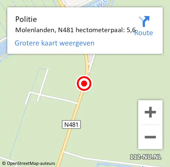 Locatie op kaart van de 112 melding: Politie Molenlanden, N481 hectometerpaal: 5,6 op 19 oktober 2024 18:21