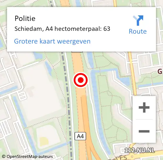 Locatie op kaart van de 112 melding: Politie Schiedam, A4 hectometerpaal: 63 op 19 oktober 2024 19:04