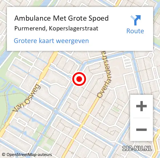 Locatie op kaart van de 112 melding: Ambulance Met Grote Spoed Naar Purmerend, Koperslagerstraat op 19 oktober 2024 21:21