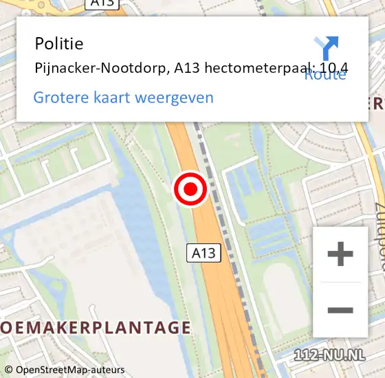 Locatie op kaart van de 112 melding: Politie Pijnacker-Nootdorp, A13 hectometerpaal: 10,4 op 19 oktober 2024 21:52