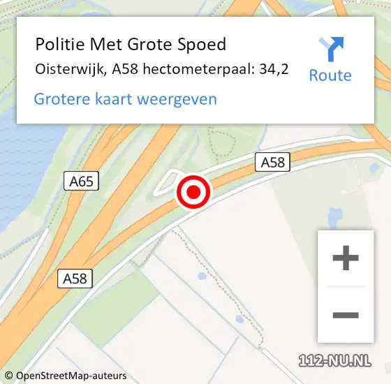 Locatie op kaart van de 112 melding: Politie Met Grote Spoed Naar Oisterwijk, A58 hectometerpaal: 34,2 op 19 oktober 2024 22:32